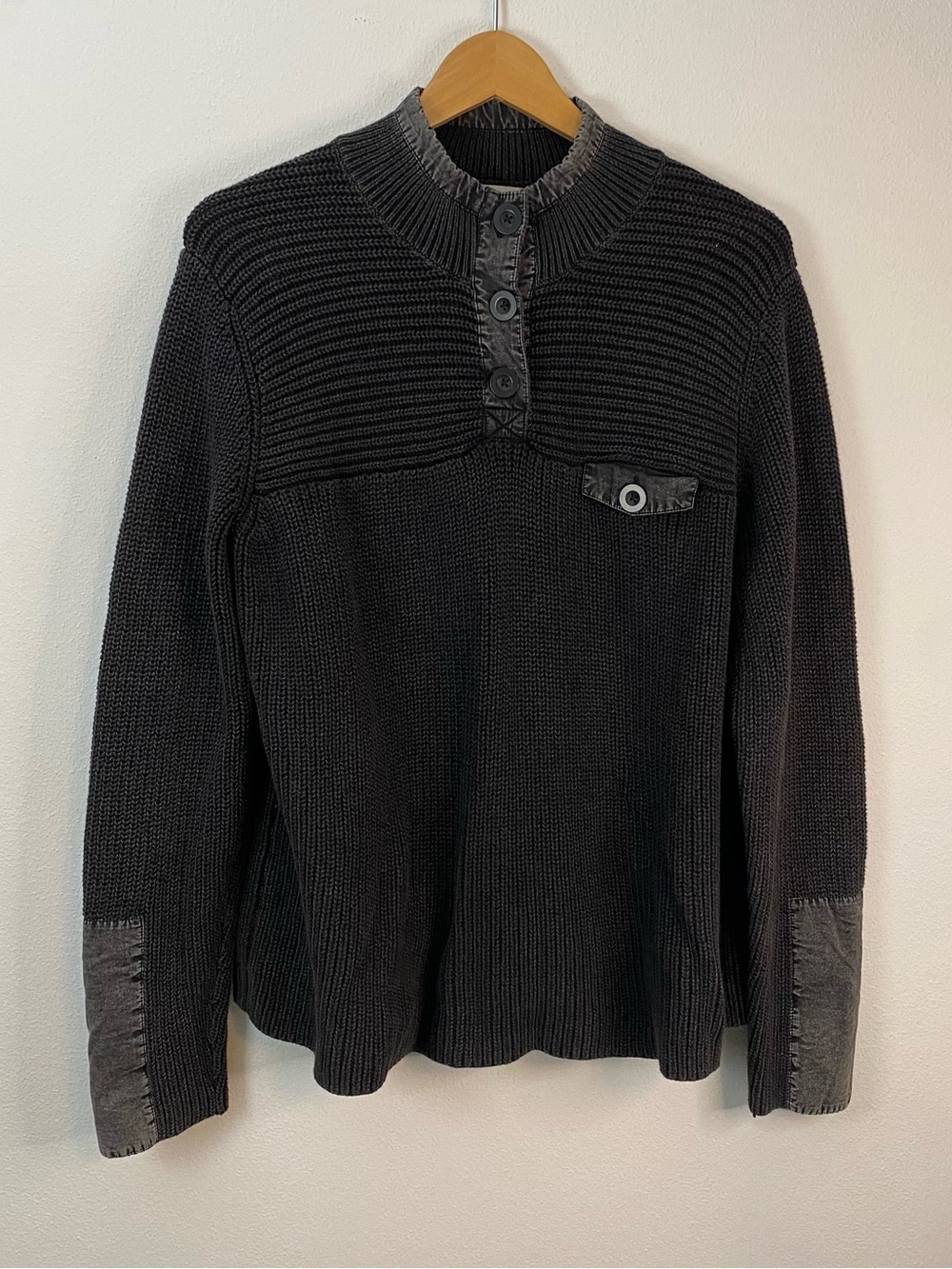 Orvis Mens 1/4 Button Black Knit Pullover Sweater Cotton‎ Size XL
